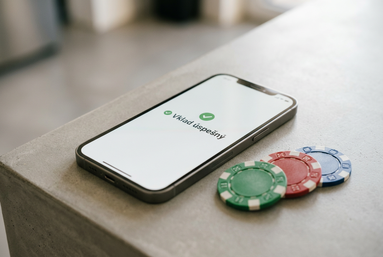 Smartfón s potvrdením úspešného vkladu v prostredí online kasína